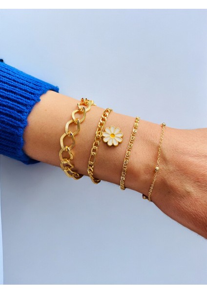 Altın Kaplama 4'lü Kombin Bileklik Seti Gold Renk Zincir Bilezik Künye