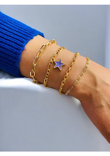 Altın Kaplama 4'lü Kombin Bileklik Seti Gold Renk Zincir Bilezik Künye