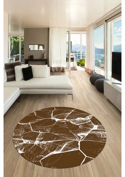 Baskılı Kaymaz Yıkanabilir Mermer Desen Yuvarlak Mutfak Salon Halısı, Y-Mermer-01-Kahve,