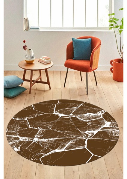 Baskılı Kaymaz Yıkanabilir Mermer Desen Yuvarlak Mutfak Salon Halısı, Y-Mermer-01-Kahve,