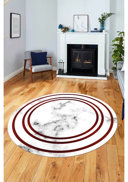Baskılı Kaymaz Yıkanabilir Modern Mermer Desenli Yuvarlak Mutfak Salon Halısı, Y-Mermer-05-Bordo,
