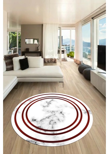 Baskılı Kaymaz Yıkanabilir Modern Mermer Desenli Yuvarlak Mutfak Salon Halısı, Y-Mermer-05-Bordo,