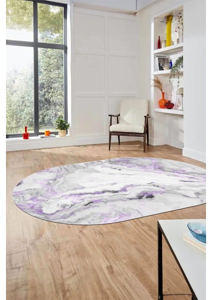Modern Mermer Desen Kaymaz Yıkanabilir Oval Yolluk Mutfak Koridor Salon Halısı, O-Mermer-26-Mor,