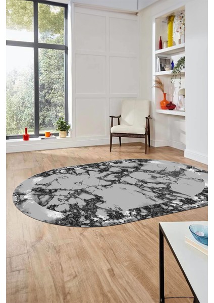 Modern Tasarım Mermer Dijital Kaymaz Yıkanabilir Oval Koridor Salon Halısı, O-Mermer-30-Gri,