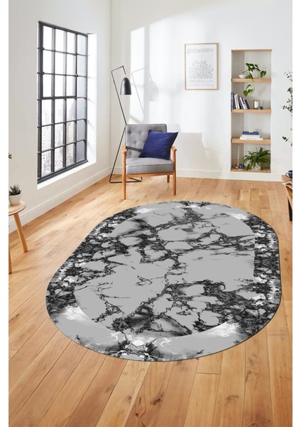 Modern Tasarım Mermer Dijital Kaymaz Yıkanabilir Oval Koridor Salon Halısı, O-Mermer-30-Gri,