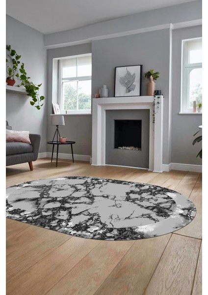 Modern Tasarım Mermer Dijital Kaymaz Yıkanabilir Oval Koridor Salon Halısı, O-Mermer-30-Gri,