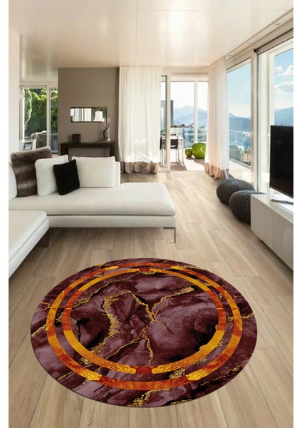 Baskılı Kaymaz Yıkanabilir Çerçeveli Mermer Desenli Yuvarlak Mutfak Salon Halısı, Y-Mermer-04-Bordo,