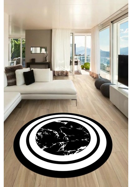 Baskılı Kaymaz Yıkanabilir Şık Mermer Desenli Yuvarlak Mutfak Salon Halısı, Y-Mermer-06-Siyah,