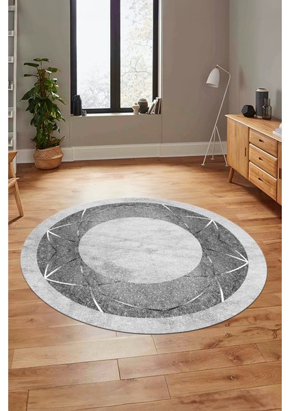 Şık Mermer Desenli Dijital Kaymaz Yıkanabilir Yuvarlak Salon Halısı, Y-Mermer-13-Gri,