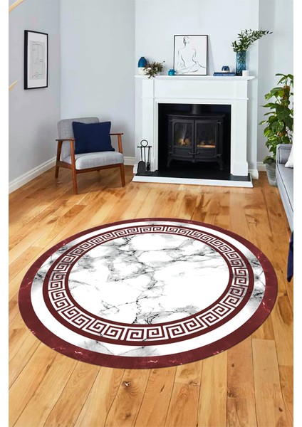 Mermer Desen Kaymaz Yıkanabilir Yuvarlak Mutfak Salon Halısı, Y-Mermer-21-Bordo,