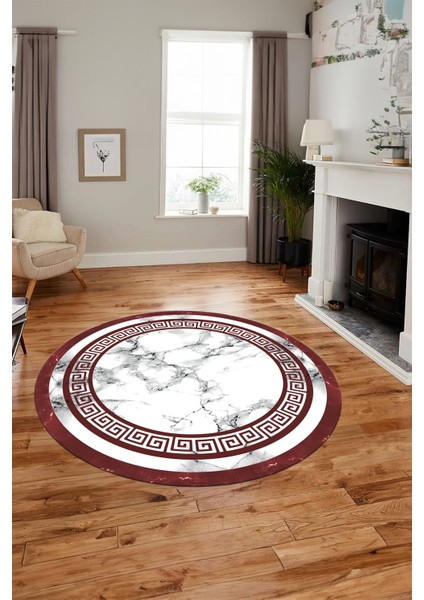Mermer Desen Kaymaz Yıkanabilir Yuvarlak Mutfak Salon Halısı, Y-Mermer-21-Bordo,