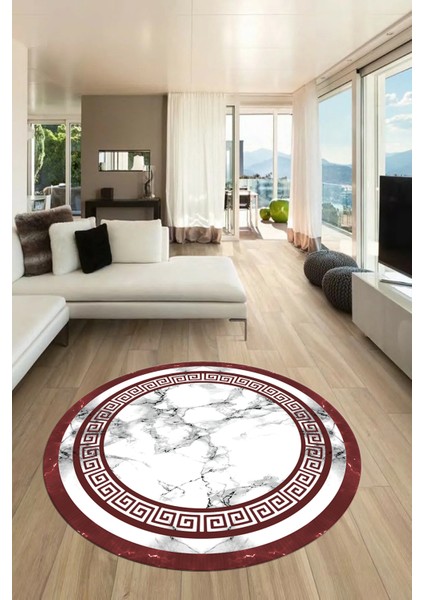 Mermer Desen Kaymaz Yıkanabilir Yuvarlak Mutfak Salon Halısı, Y-Mermer-21-Bordo,