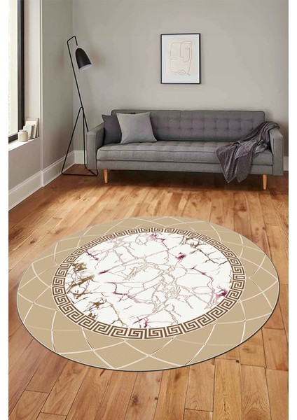 Çerçeveli Mermer Desen Kaymaz Yıkanabilir Yuvarlak Mutfak Salon Halısı, Y-Mermer-23-Krem,