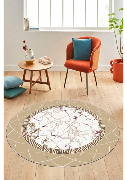 Çerçeveli Mermer Desen Kaymaz Yıkanabilir Yuvarlak Mutfak Salon Halısı, Y-Mermer-23-Krem,