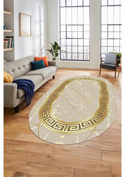 Çerçeveli Mermer Desen Dijital Kaymaz Yıkanabilir Oval Yolluk Salon Halısı, O-Mermer-18-Vizon,