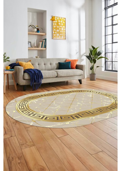 Çerçeveli Mermer Desen Dijital Kaymaz Yıkanabilir Oval Yolluk Salon Halısı, O-Mermer-18-Vizon,