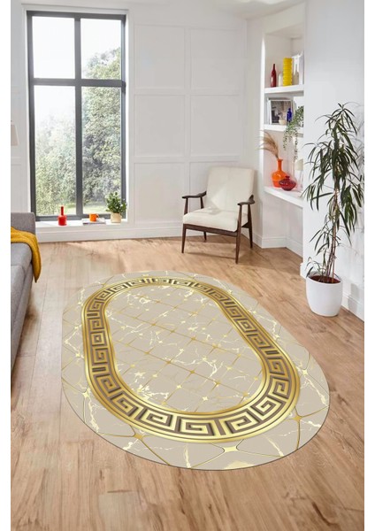 Çerçeveli Mermer Desen Dijital Kaymaz Yıkanabilir Oval Yolluk Salon Halısı, O-Mermer-18-Vizon,