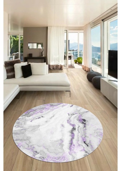 Modern Mermer Desen Kaymaz Yıkanabilir Yuvarlak Mutfak Salon Halısı, Y-Mermer-26-Mor,