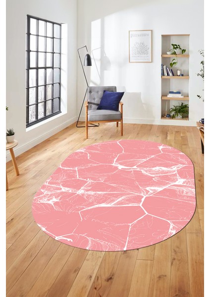 Baskılı Kaymaz Yıkanabilir Mermer Desen Oval Mutfak Yolluk Salon Halısı, O-Mermer-01-Pembe,