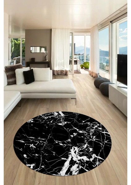 Modern Mermer Desen Kaymaz Yıkanabilir Yuvarlak Mutfak Salon Halısı, Y-Mermer-27-Siyah,