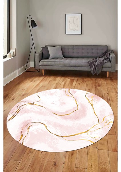 Yeni Tasarım Mermer Desenli Dijital Kaymaz Yıkanabilir Yuvarlak Salon Halısı, Y-Mermer-29-Pembe,