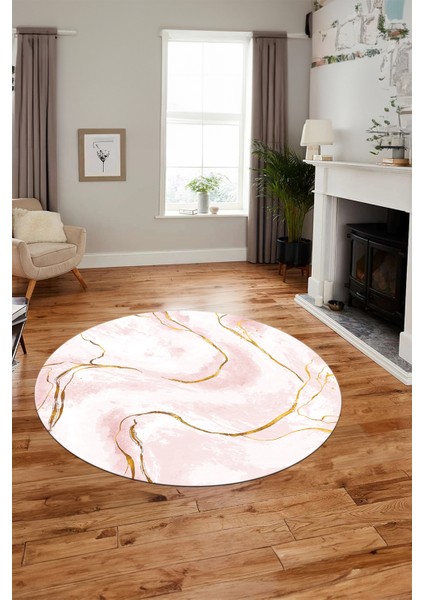 Yeni Tasarım Mermer Desenli Dijital Kaymaz Yıkanabilir Yuvarlak Salon Halısı, Y-Mermer-29-Pembe,
