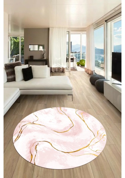 Yeni Tasarım Mermer Desenli Dijital Kaymaz Yıkanabilir Yuvarlak Salon Halısı, Y-Mermer-29-Pembe,