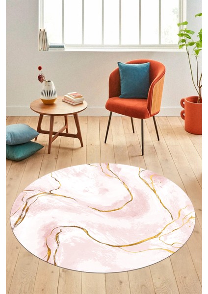 Yeni Tasarım Mermer Desenli Dijital Kaymaz Yıkanabilir Yuvarlak Salon Halısı, Y-Mermer-29-Pembe,