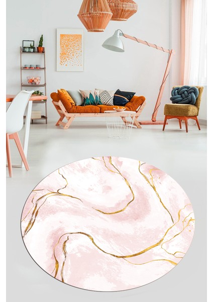 Yeni Tasarım Mermer Desenli Dijital Kaymaz Yıkanabilir Yuvarlak Salon Halısı, Y-Mermer-29-Pembe,