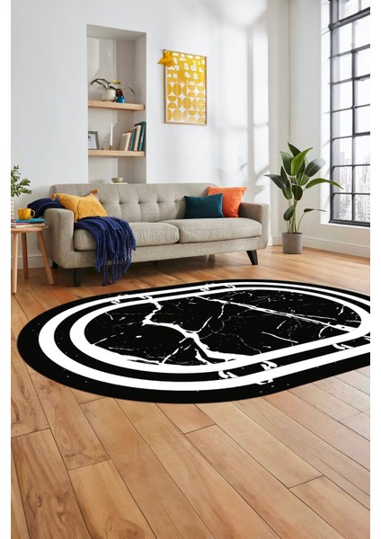 Sade Mermer Desen Kaymaz Yıkanabilir Oval Yolluk Koridor Salon Halısı, O-Mermer-22-Siyah,