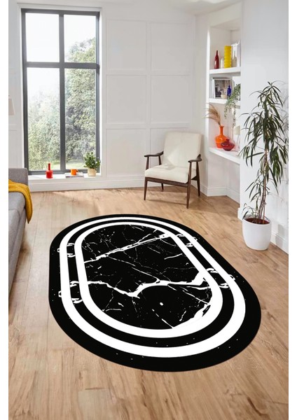 Sade Mermer Desen Kaymaz Yıkanabilir Oval Yolluk Koridor Salon Halısı, O-Mermer-22-Siyah,