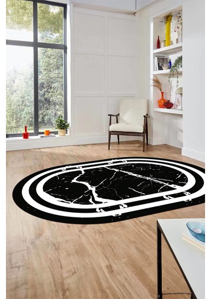 Sade Mermer Desen Kaymaz Yıkanabilir Oval Yolluk Koridor Salon Halısı, O-Mermer-22-Siyah,