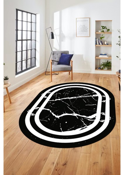 Sade Mermer Desen Kaymaz Yıkanabilir Oval Yolluk Koridor Salon Halısı, O-Mermer-22-Siyah,