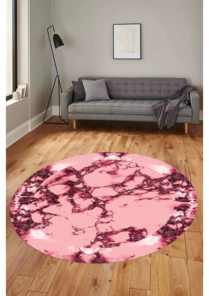 Modern Tasarım Mermer Desen Dijital Kaymaz Yıkanabilir Yuvarlak Salon Halısı, Y-Mermer-30-Pembe,