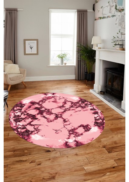 Modern Tasarım Mermer Desen Dijital Kaymaz Yıkanabilir Yuvarlak Salon Halısı, Y-Mermer-30-Pembe,