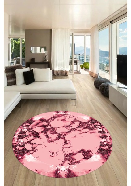 Modern Tasarım Mermer Desen Dijital Kaymaz Yıkanabilir Yuvarlak Salon Halısı, Y-Mermer-30-Pembe,