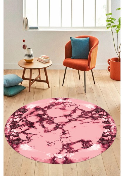 Modern Tasarım Mermer Desen Dijital Kaymaz Yıkanabilir Yuvarlak Salon Halısı, Y-Mermer-30-Pembe,
