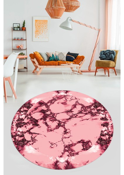 Modern Tasarım Mermer Desen Dijital Kaymaz Yıkanabilir Yuvarlak Salon Halısı, Y-Mermer-30-Pembe,