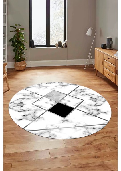 Mermer Desenli Dijital Kaymaz Yıkanabilir Yuvarlak Mutfak Salon Halısı, Y-Mermer-20-Gri,