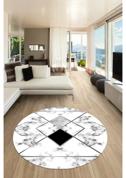Mermer Desenli Dijital Kaymaz Yıkanabilir Yuvarlak Mutfak Salon Halısı, Y-Mermer-20-Gri,