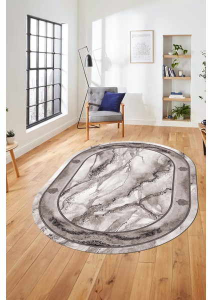 Baskılı Kaymaz Yıkanabilir Çerçeve Mermer Desen Oval Mutfak Yolluk Salon Halısı, O-Mermer-03-Gri,