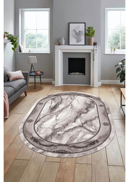 Baskılı Kaymaz Yıkanabilir Çerçeve Mermer Desen Oval Mutfak Yolluk Salon Halısı, O-Mermer-03-Gri, modelleri