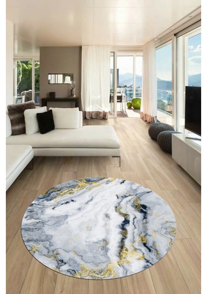 Modern Mermer Desen Kaymaz Yıkanabilir Yuvarlak Mutfak Salon Halısı, Y-Mermer-26-Mavi,
