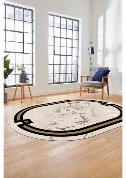 Baskılı Kaymaz Yıkanabilir Zarif Mermer Desenli Oval Mutfak Yolluk Salon Halısı, O-Mermer-07-Krem,