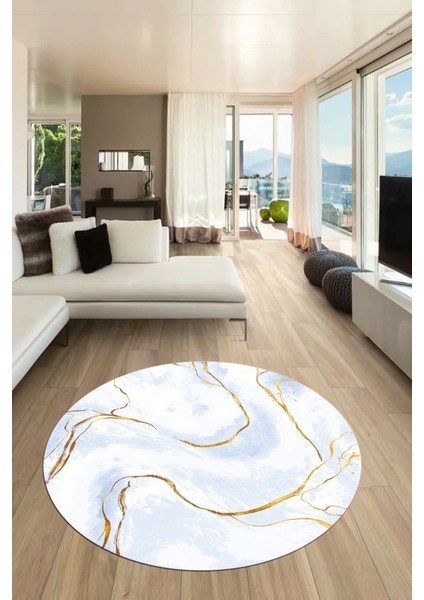 Yeni Tasarım Mermer Desenli Dijital Kaymaz Yıkanabilir Yuvarlak Salon Halısı, Y-Mermer-29-Mavi,