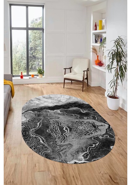 Modern Mermer Desen Kaymaz Yıkanabilir Oval Yolluk Mutfak Koridor Salon Halısı, O-Mermer-25-Gri,