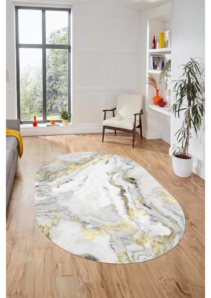Modern Mermer Desen Kaymaz Yıkanabilir Oval Yolluk Mutfak Koridor Salon Halısı, O-Mermer-26-Gold,