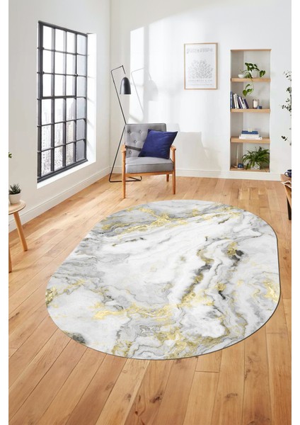 Modern Mermer Desen Kaymaz Yıkanabilir Oval Yolluk Mutfak Koridor Salon Halısı, O-Mermer-26-Gold, modelleri