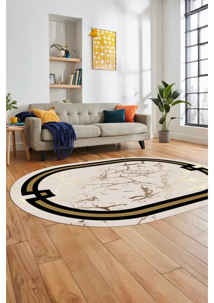 Baskılı Kaymaz Yıkanabilir Zarif Mermer Desenli Oval Mutfak Yolluk Salon Halısı, O-Mermer-07-Krem, indirimleri