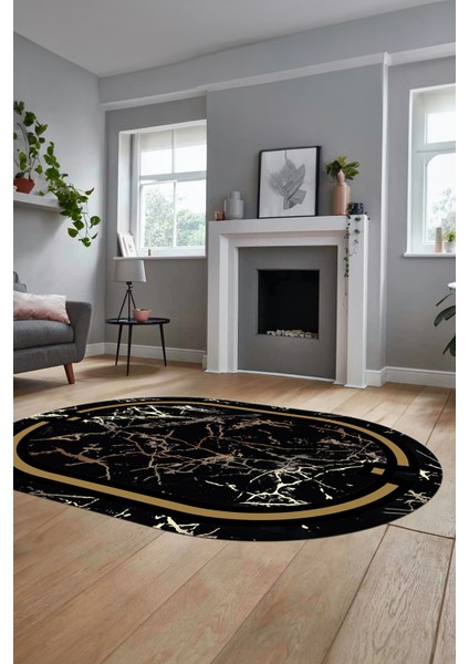 Baskılı Kaymaz Yıkanabilir Zarif Mermer Desenli Oval Mutfak Yolluk Salon Halısı, O-Mermer-07-Siyah, modelleri